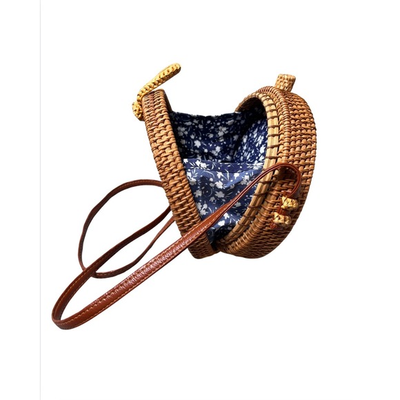 Womens Round Woven Straw Rattan Crossbody Bag Tan Leather Strap Floral Lined - Picture 14 of 16